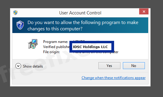 Screenshot where IDSC Holdings LLC appears as the verified publisher in the UAC dialog